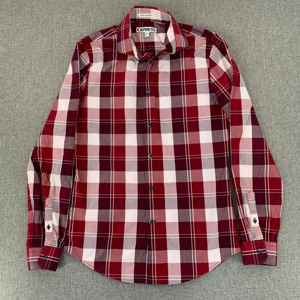 Men's Express Plaid Extra Slim Button Down Shirt Long Sleeve Small 100% Cotton - Picture 2 of 11